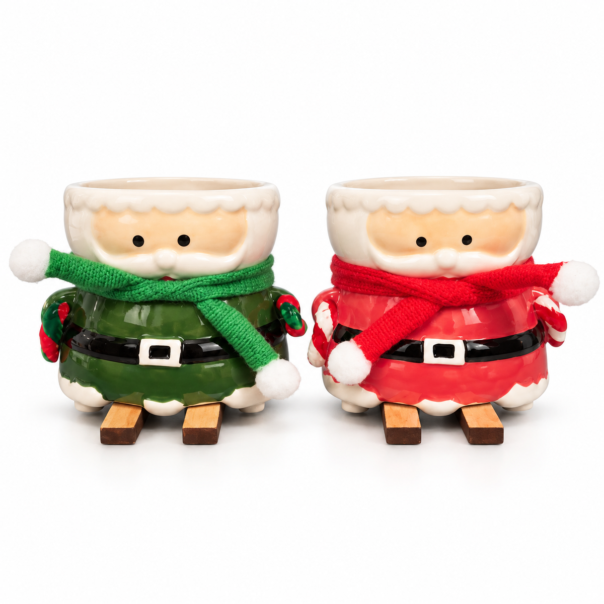 macetero Papá Noel esquí 6 cm, maceta navideña de cerámica, macetero Papá Noel verde, maceta decorativa Navidad