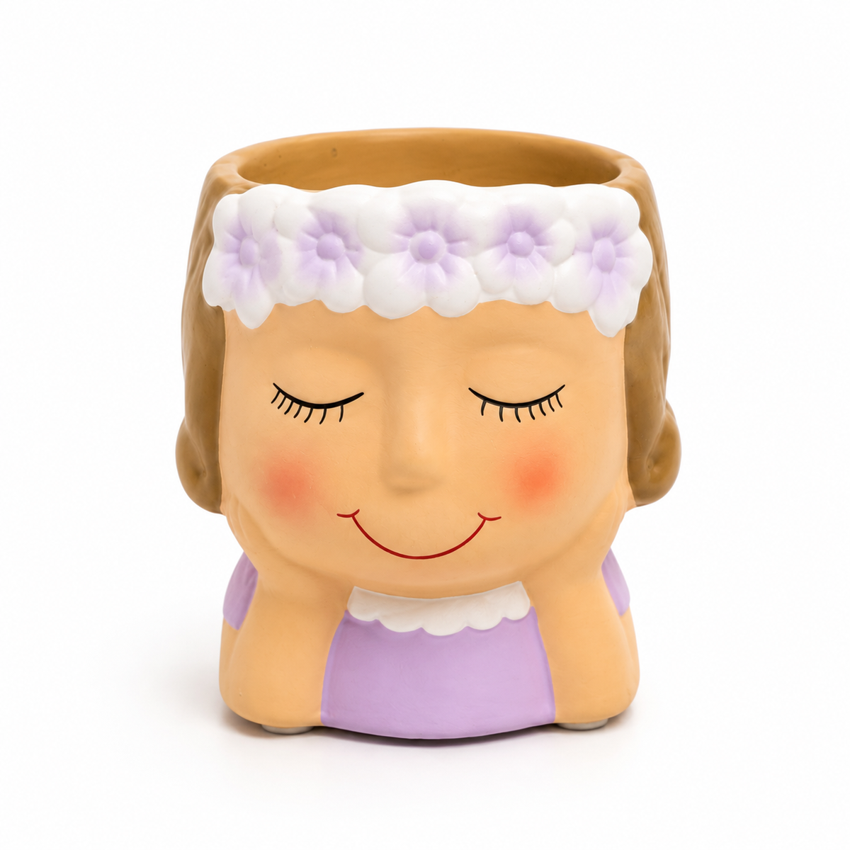 macetero lila niña con flores