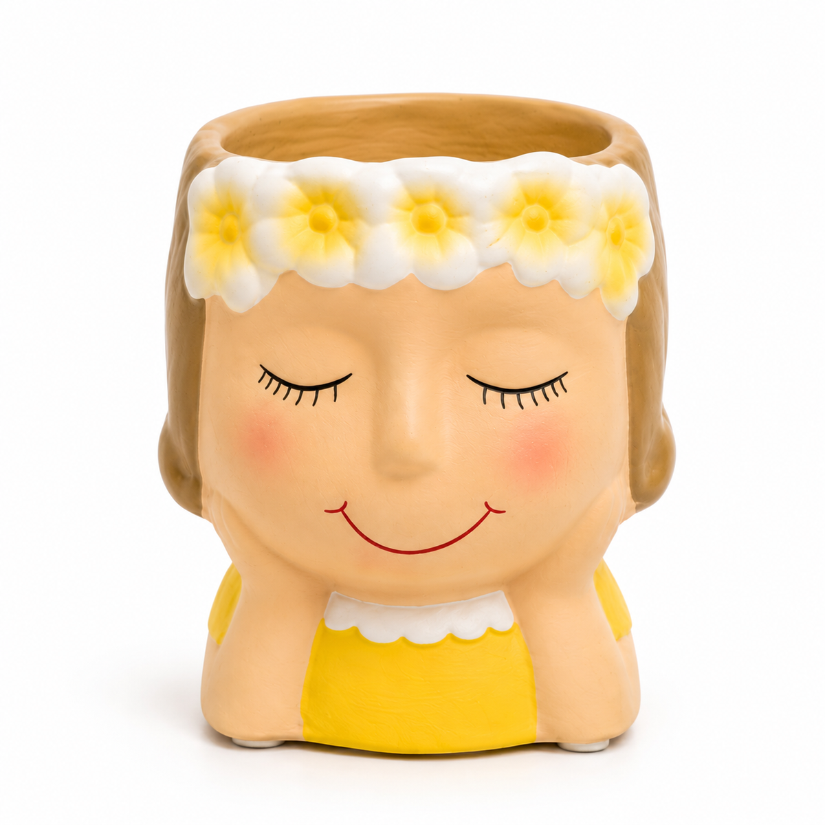 macetero con flores, macetero figura mujer