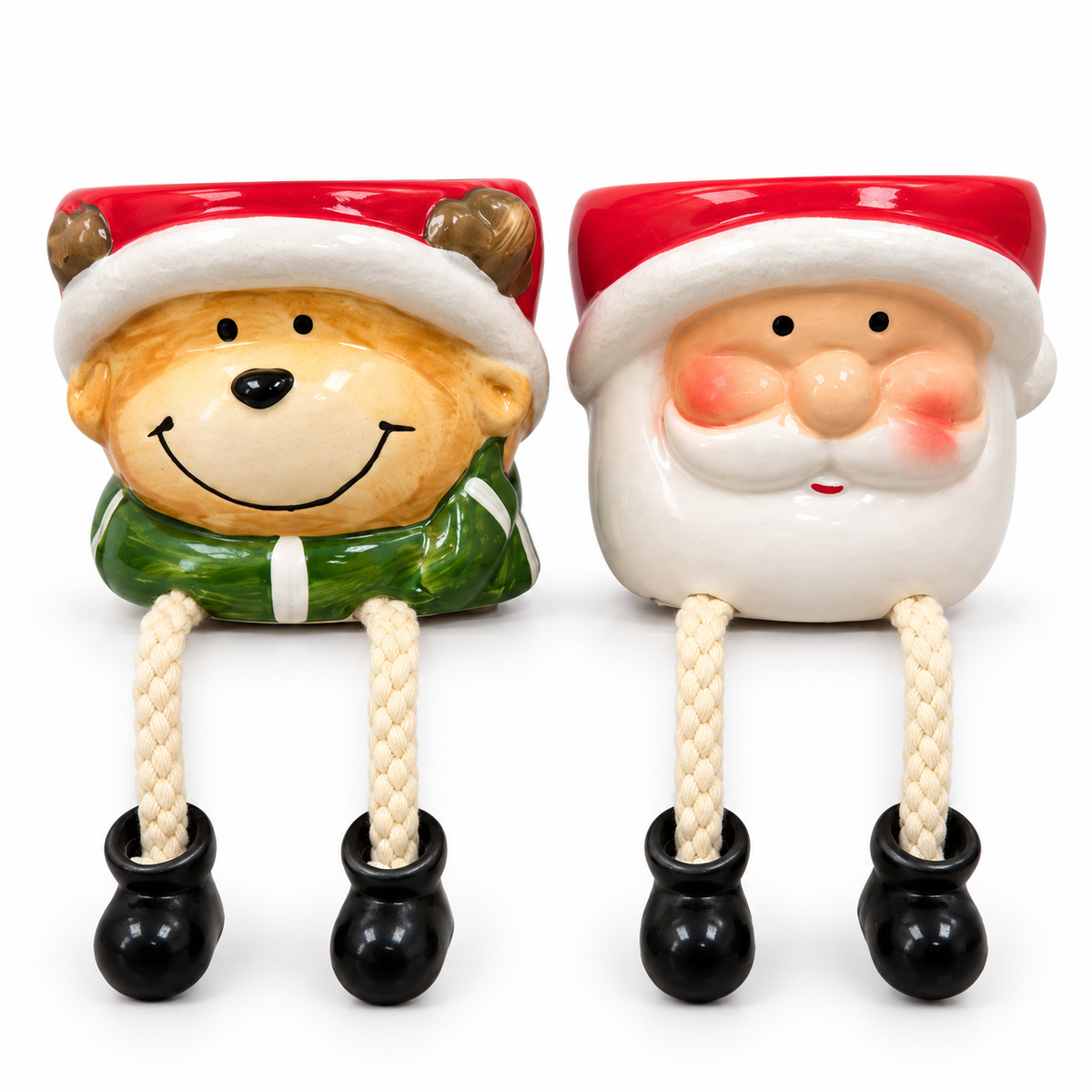 Macetero Navidad con patitas 6 cm, macetero navideño Papá Noel, macetero navideño Reno, macetero de cerámica para cactus