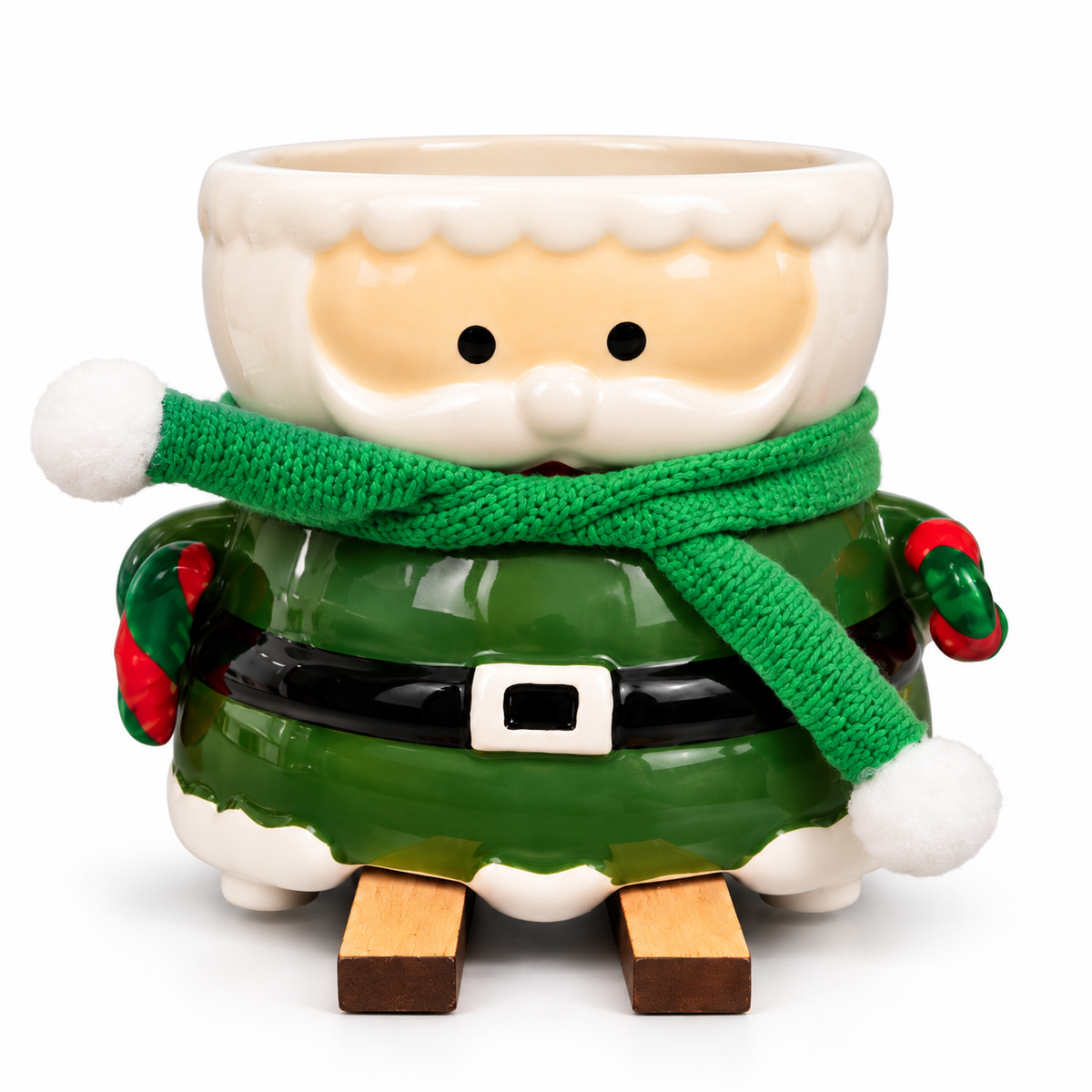 maceta Papá Noel con bufanda, macetero navideño con patas de madera