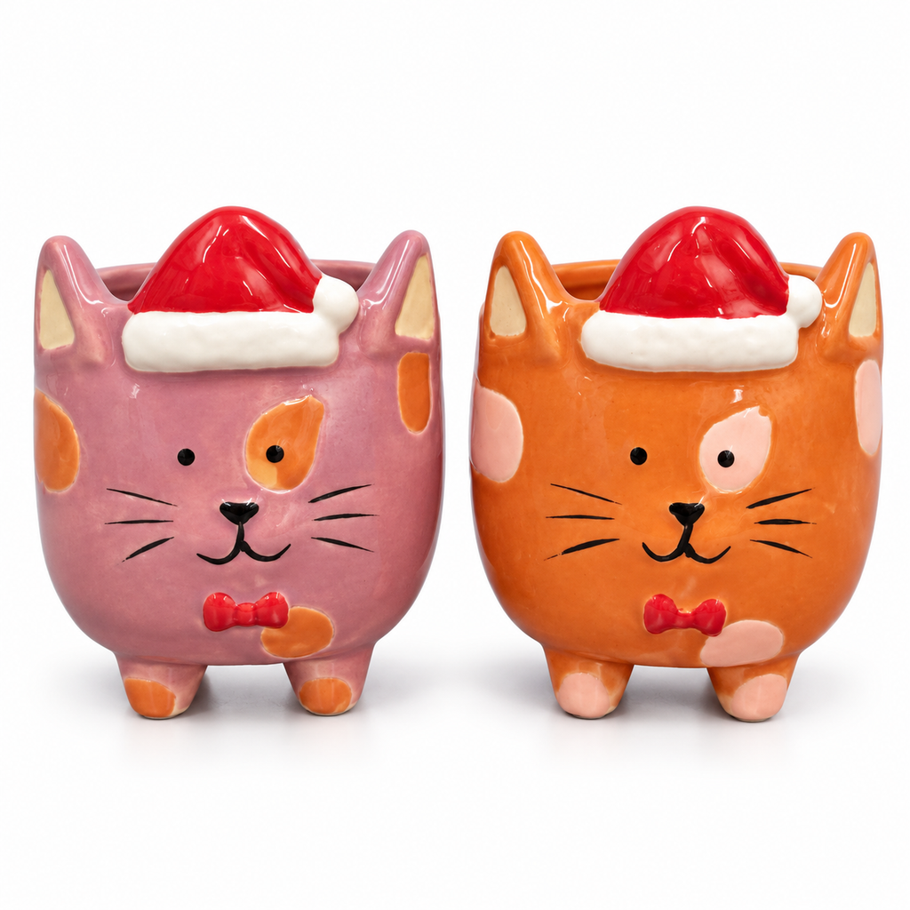 acetero gatito navideño 6 cm, maceta de gato para Navidad, macetero decorativo con diseño de gatito