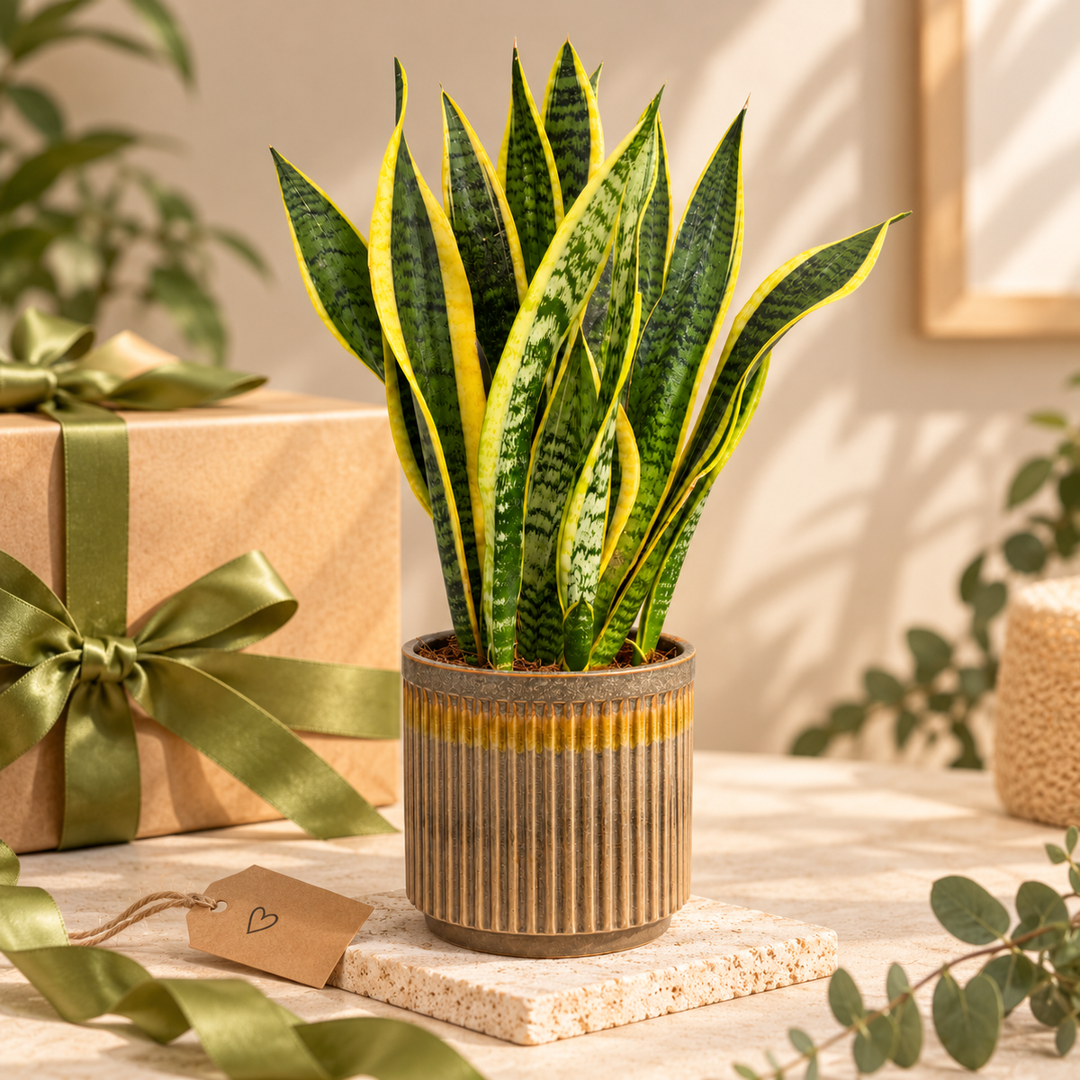Sansevieria en maceta de cerámica de diseño 14,5 cm, planta Sansevieria decorativa para interior