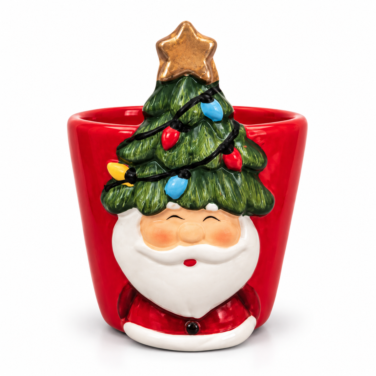 Macetero Papá Noel con árbol de Navidad 6 cm, macetero navideño de cerámica, maceta Papá Noel con árbol como sombrero, macetero pequeño para suculentas, maceta navideña para cactus, decoración navideña para plantas, macetero original de Navidad.
