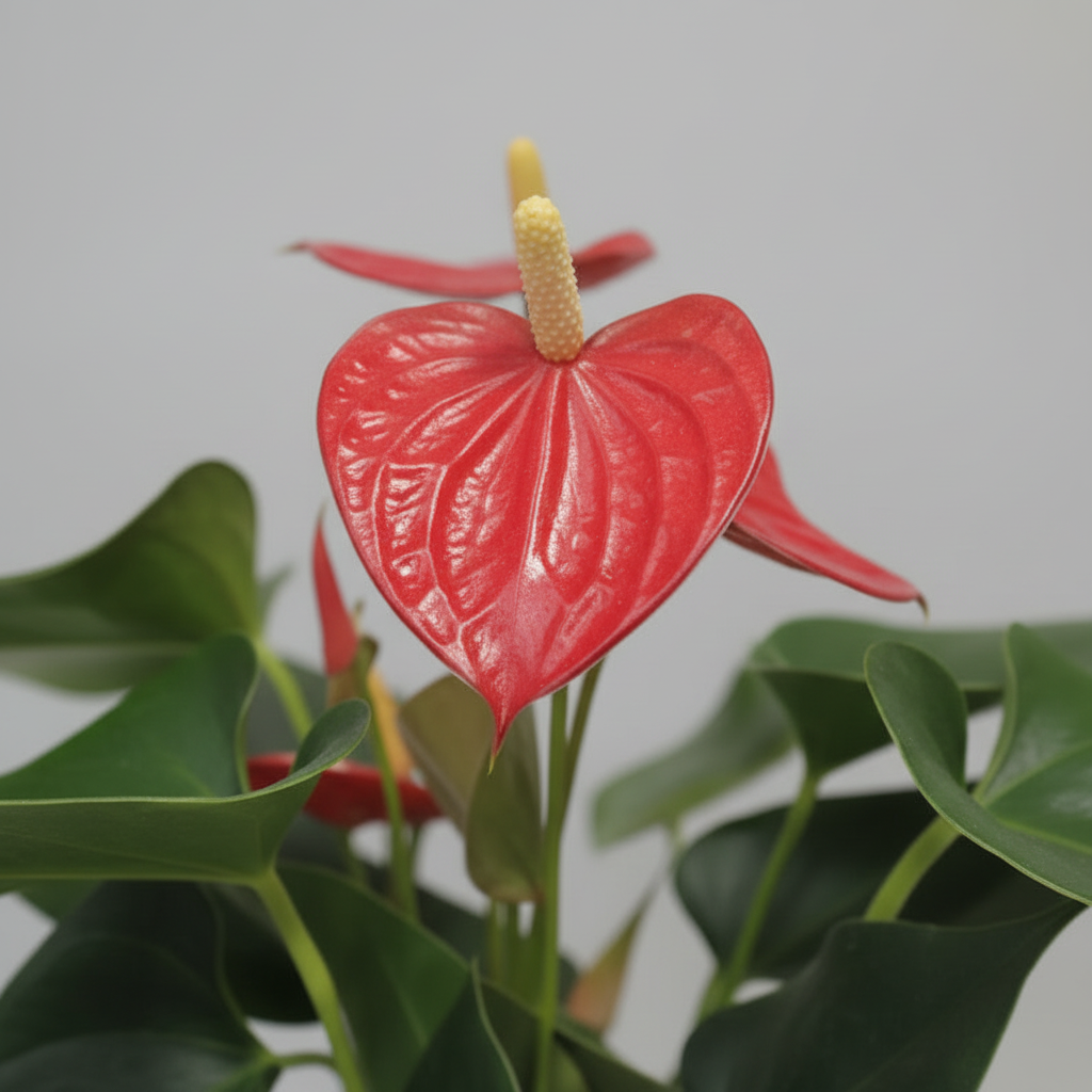 Planta tropical Anthurium roja en macetero blanco